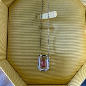 Swarovski Silver Necklace with Rectangular Clear Crystal Pink Center Stone